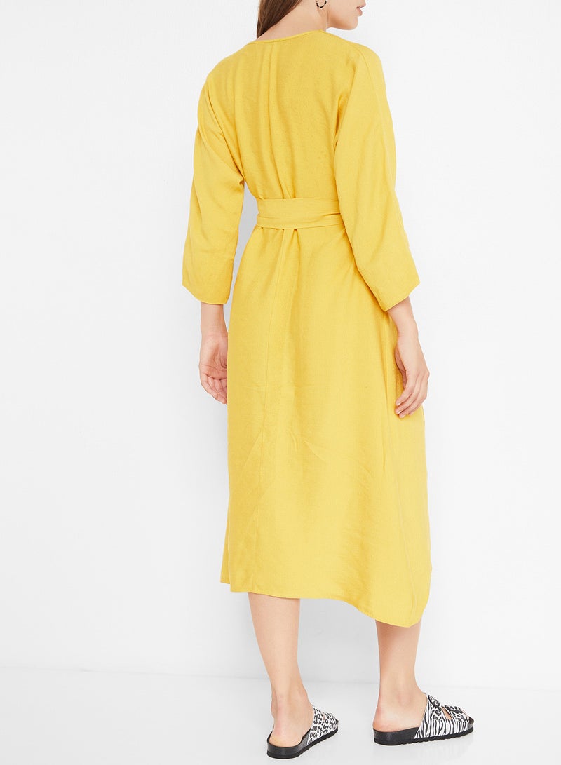 Belted Dipped Hem Dress Yellow