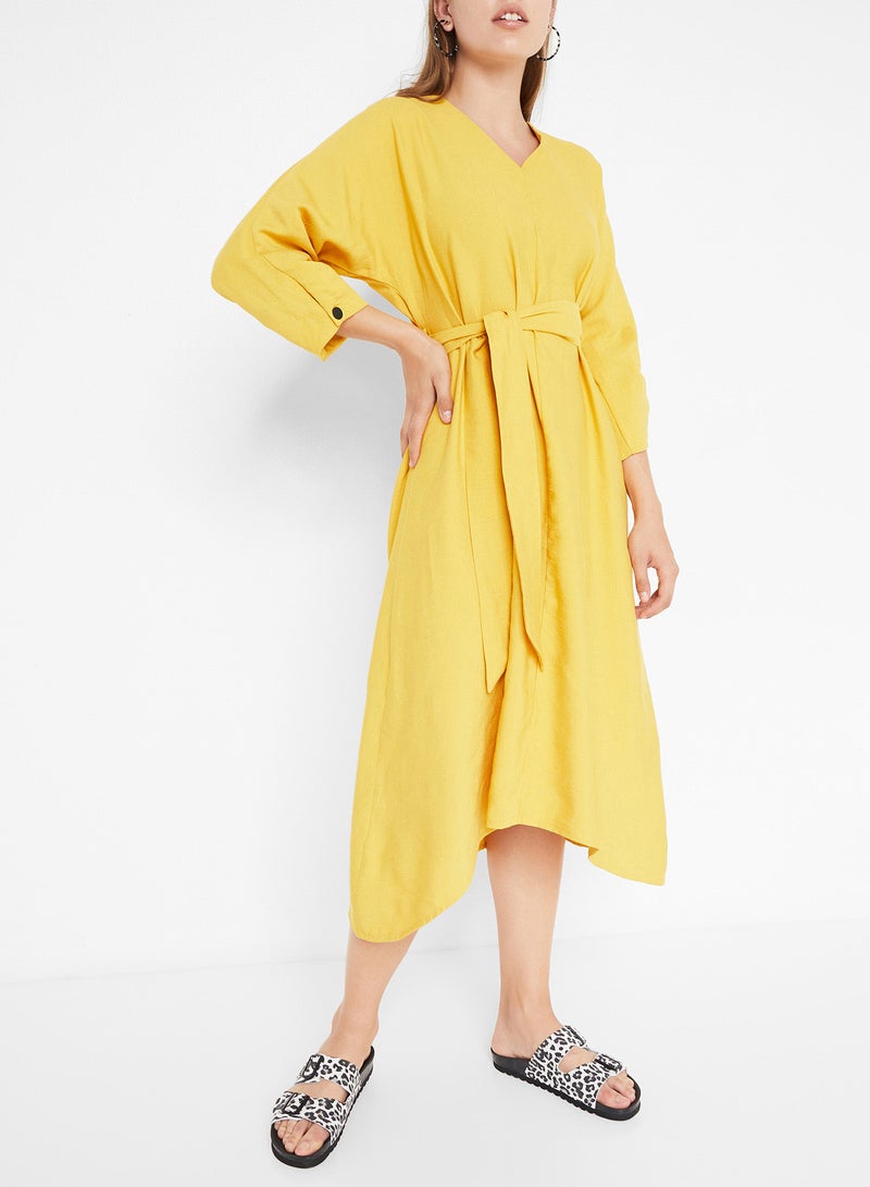 Belted Dipped Hem Dress Yellow