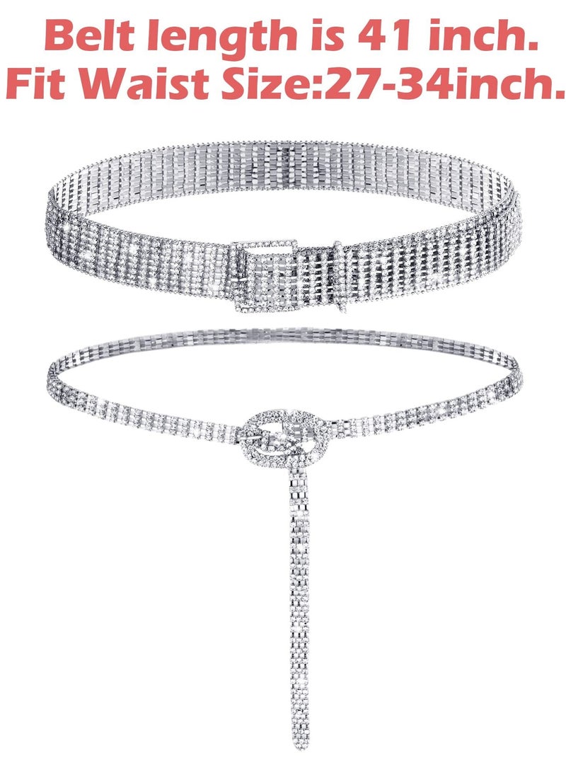 2 Pieces Women Rhinestone Belt for Dress Crystal Diamond Waist Belt Shiny Rhinestone Wide Waist Belt Ladies Belt and Ladies Dress Diamond Chain Belt, Silver,Medium, Fit Waist Size 27 to 34 Inch