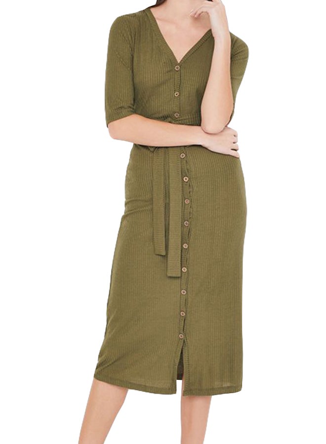 Knit Belted Short Sleeve Dress Olive