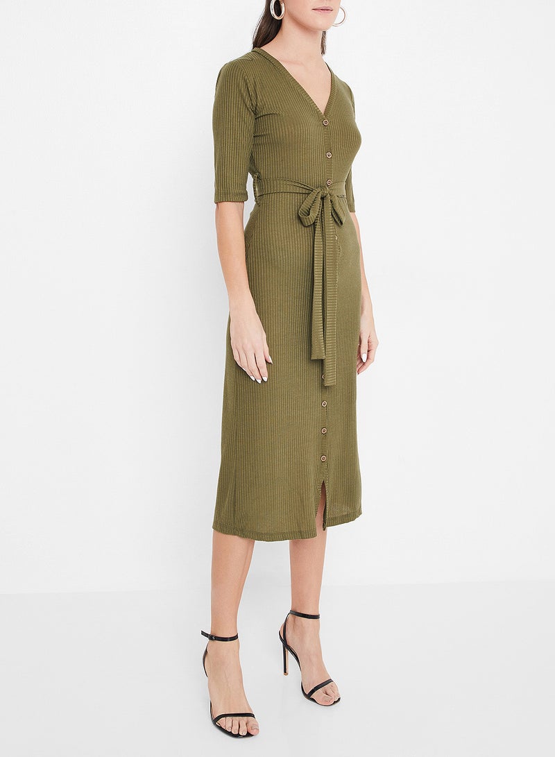 Knit Belted Short Sleeve Dress Olive