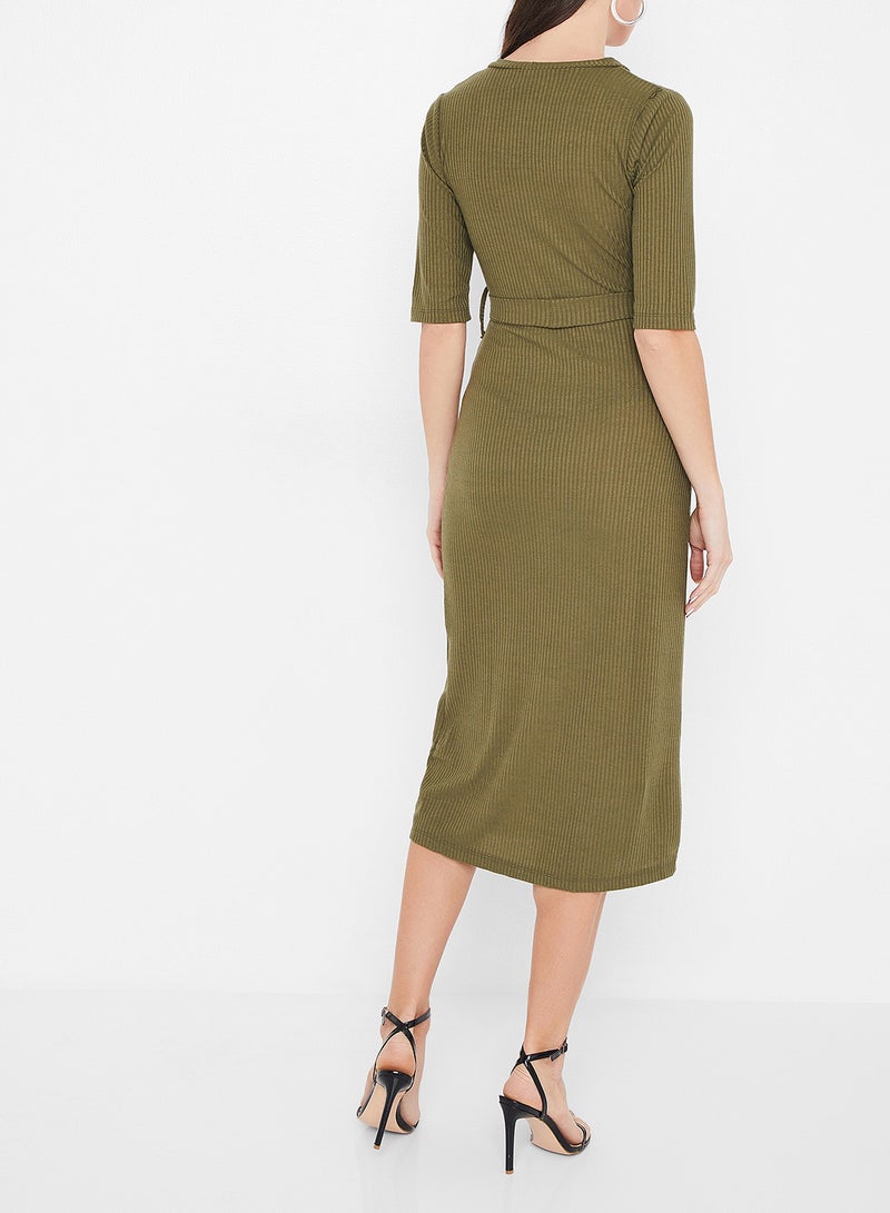 Knit Belted Short Sleeve Dress Olive