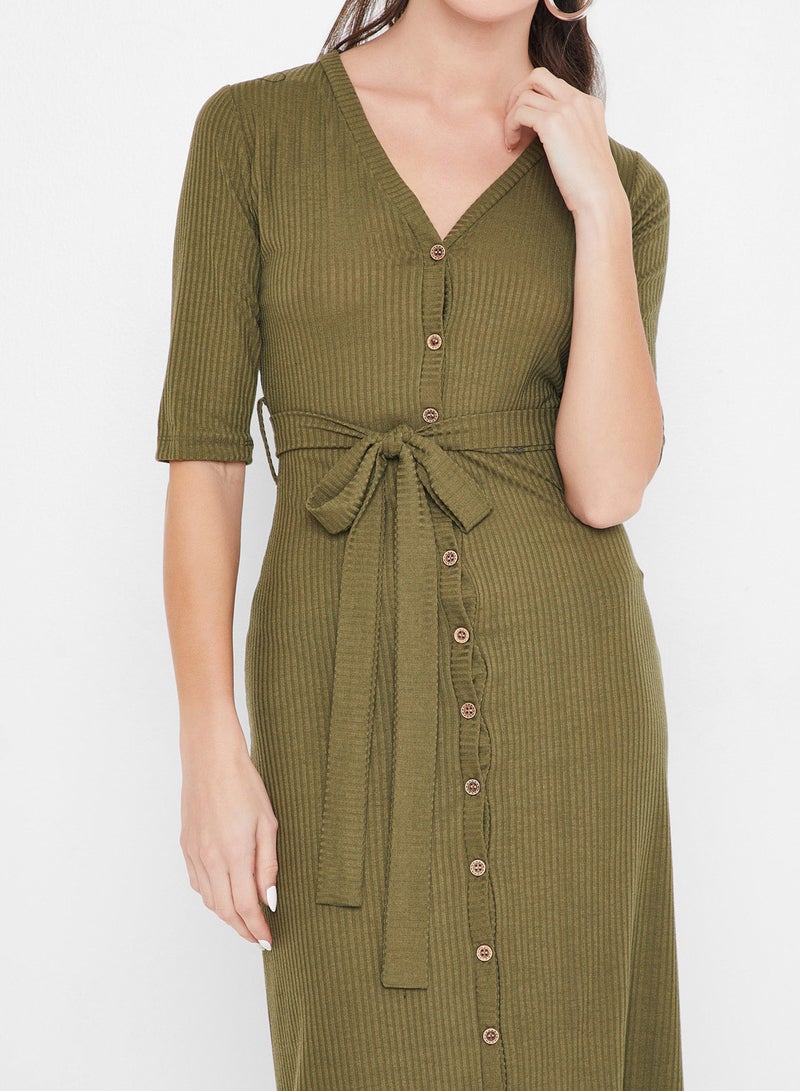 Knit Belted Short Sleeve Dress Olive