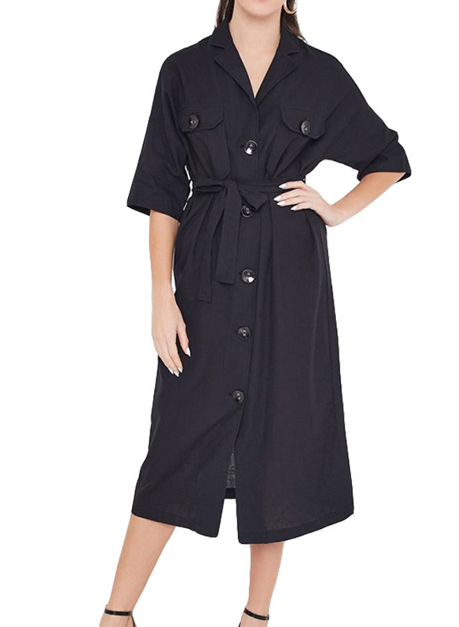 Belted Dual Pocket Short Sleev Dress Black