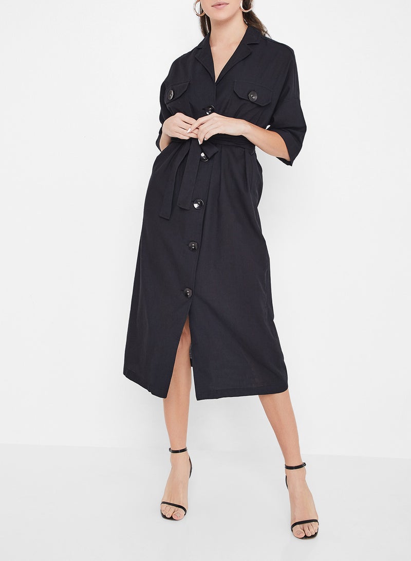 Belted Dual Pocket Short Sleev Dress Black