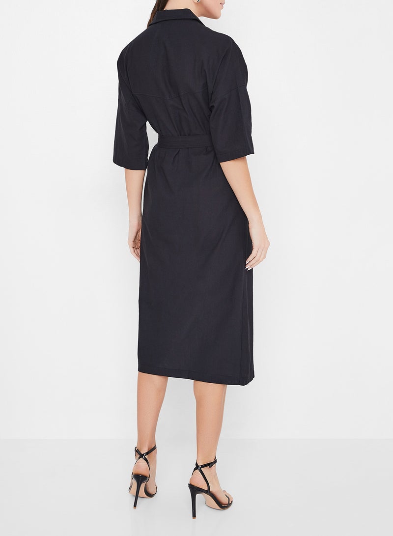 Belted Dual Pocket Short Sleev Dress Black