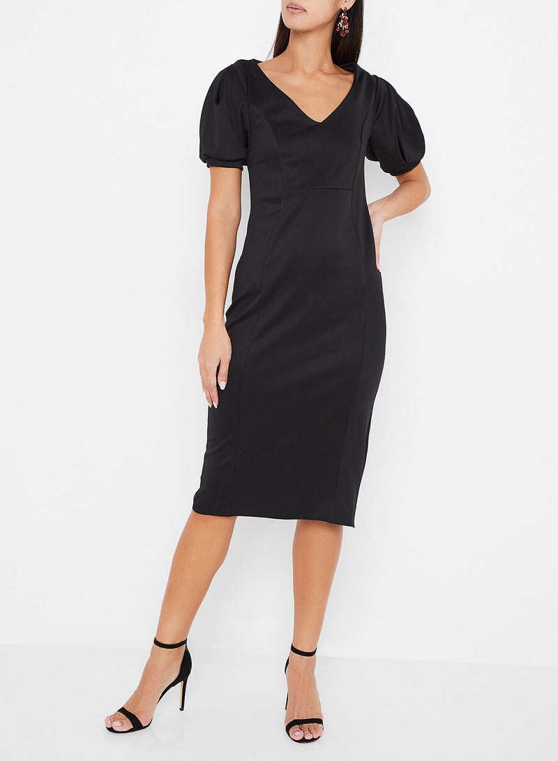 V-Neck Puffy Sleeves Midi Dress Black