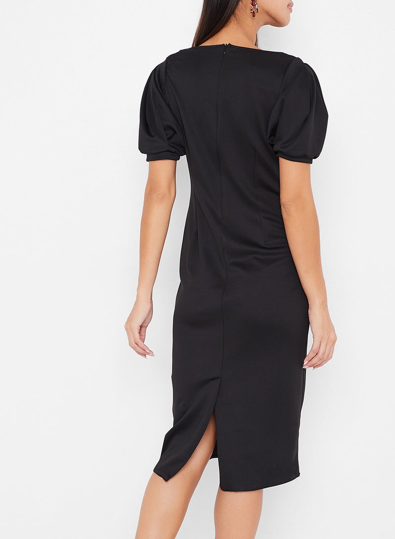 V-Neck Puffy Sleeves Midi Dress Black