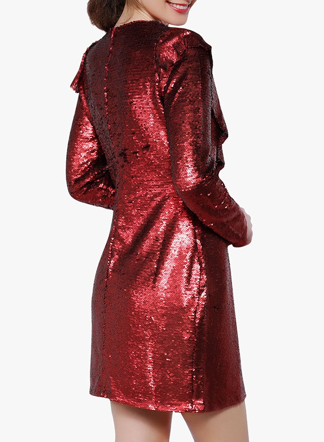Sequin Frill Long Sleeve Dress Red