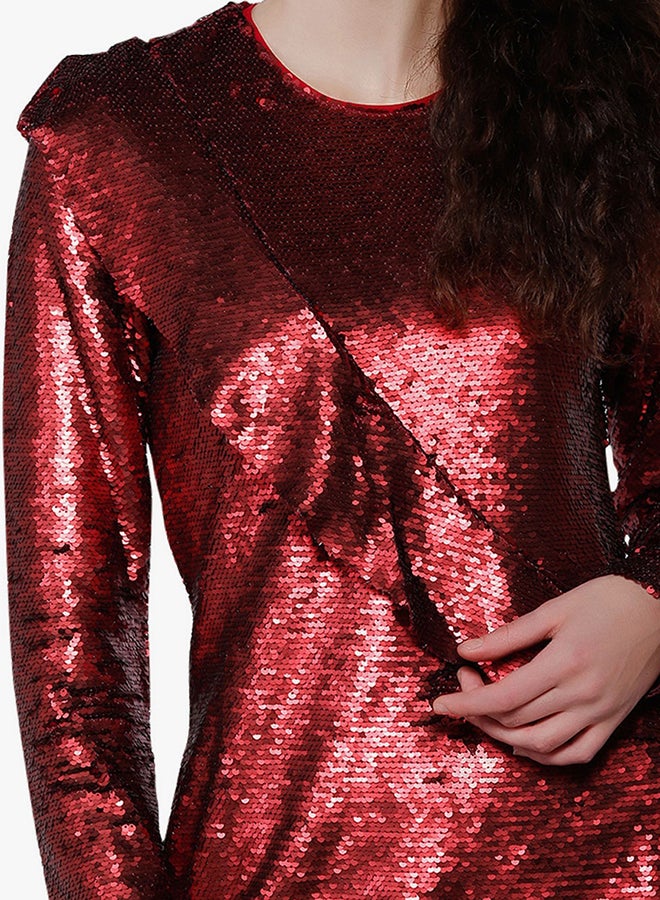 Sequin Frill Long Sleeve Dress Red