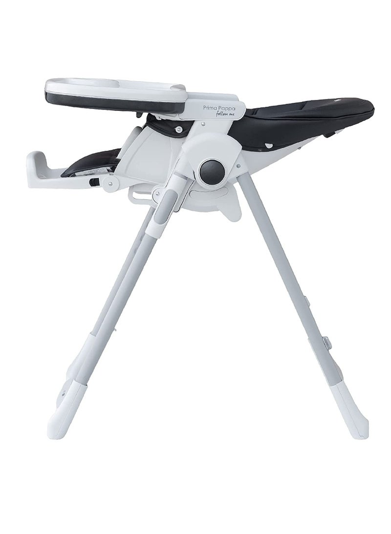 Prima Pappa Follow Me Licorice Highchair – Compact Folding Baby & Toddler Highchair with Recliner, Adjustable to 7 different heights, 5-Point Harness & Wheels, From 0–36 Months, Black