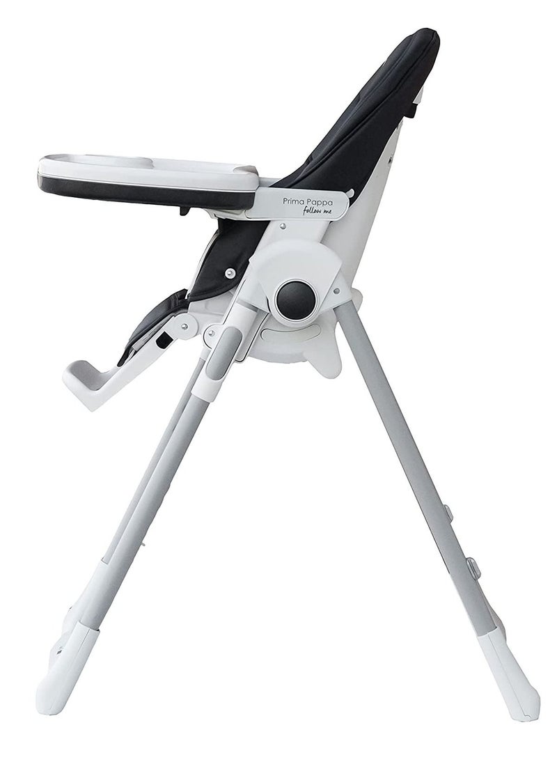 Prima Pappa Follow Me Licorice Highchair – Compact Folding Baby & Toddler Highchair with Recliner, Adjustable to 7 different heights, 5-Point Harness & Wheels, From 0–36 Months, Black