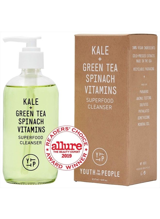 Kale and Green Tea Facial Cleanser - Gentle Vegan Daily Face Wash - Powerful pH Balanced Makeup Remover + Pore Minimizer for All Skin Types (8oz)