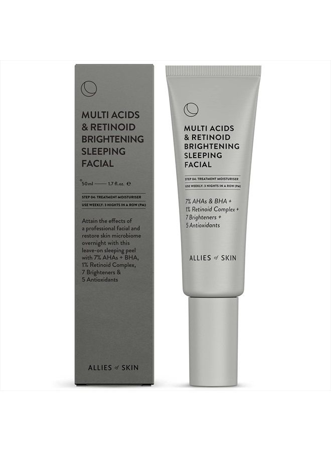Multi Acids & Retinoid Brightening Sleeping Facial: Glycolic + Lactic + Salicylic Acid, Hyaluronic Acid, Niacinamide, 1% Retinoid Complex. Overnight Sleeping Peel. Exfoliates & Hydrates