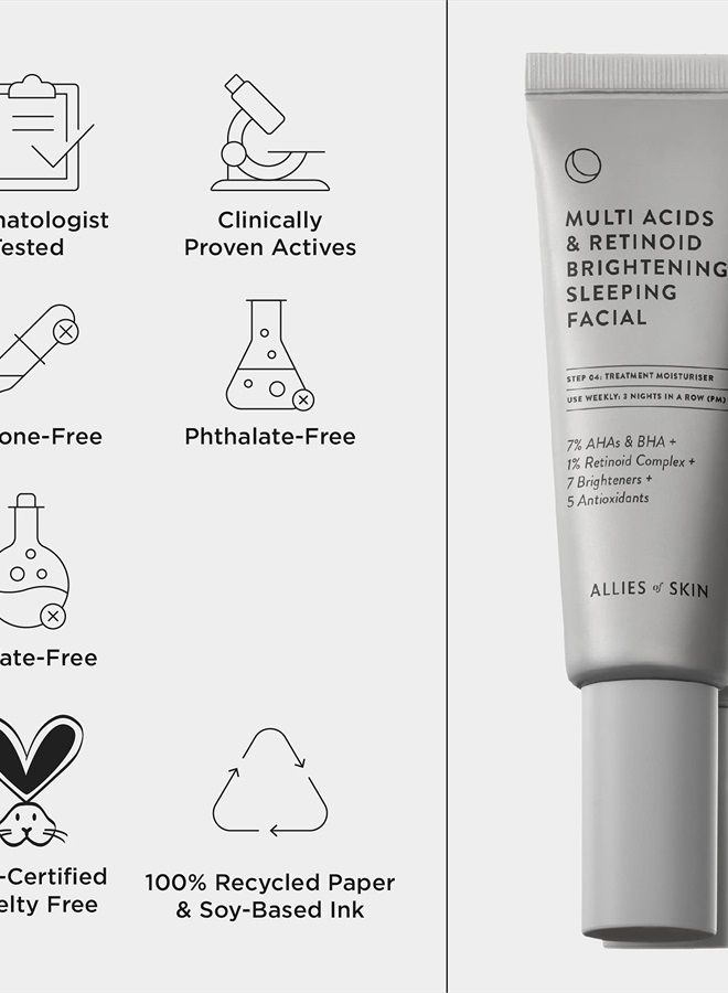 Multi Acids & Retinoid Brightening Sleeping Facial: Glycolic + Lactic + Salicylic Acid, Hyaluronic Acid, Niacinamide, 1% Retinoid Complex. Overnight Sleeping Peel. Exfoliates & Hydrates