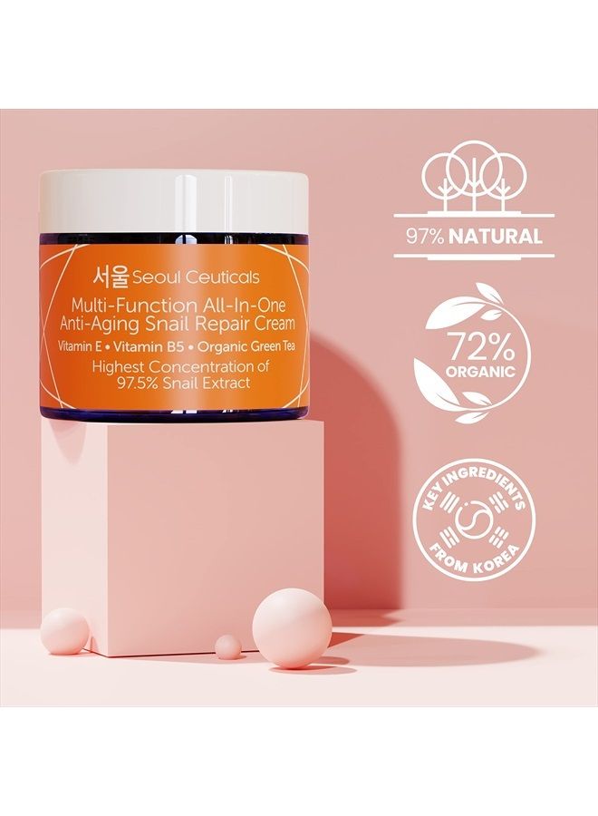Korean Skin Care 97.5% Snail Mucin Repair Cream - Korean Moisturizer Day Night Cream Snail Mucin Extract - All In One Recovery Power For The Most Effective K Beauty Routine 2oz