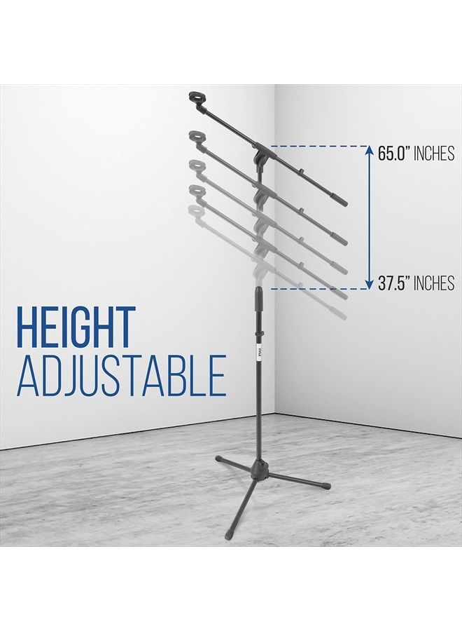 Foldable Tripod Microphone Stand - Universal Mic Mount and Height Adjustable from 37.5'' to 65.0'' Inch High w/ Extending Telescoping Boom Arm Up to 28.0'' - Knob Tension Lock Mechanism PMKS3