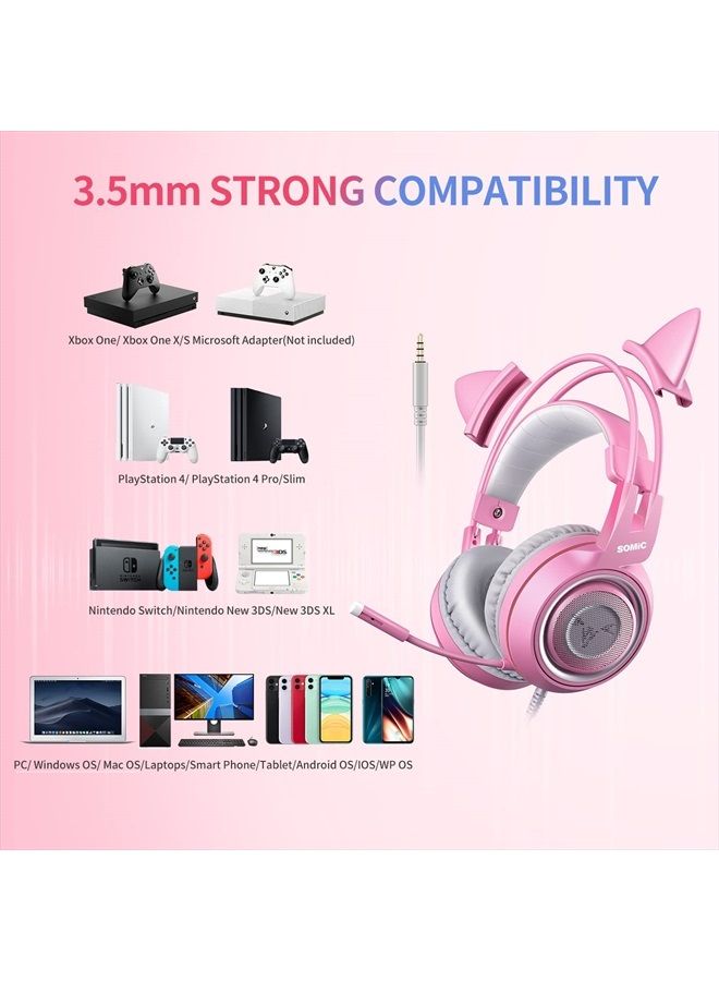 G951s Pink Stereo Gaming Headset with Mic for PS4,Xbox,PC,Mobile Phone,3.5mm Noise Reduction Cat Ear Headphones Lightweight Over Ear Headphones