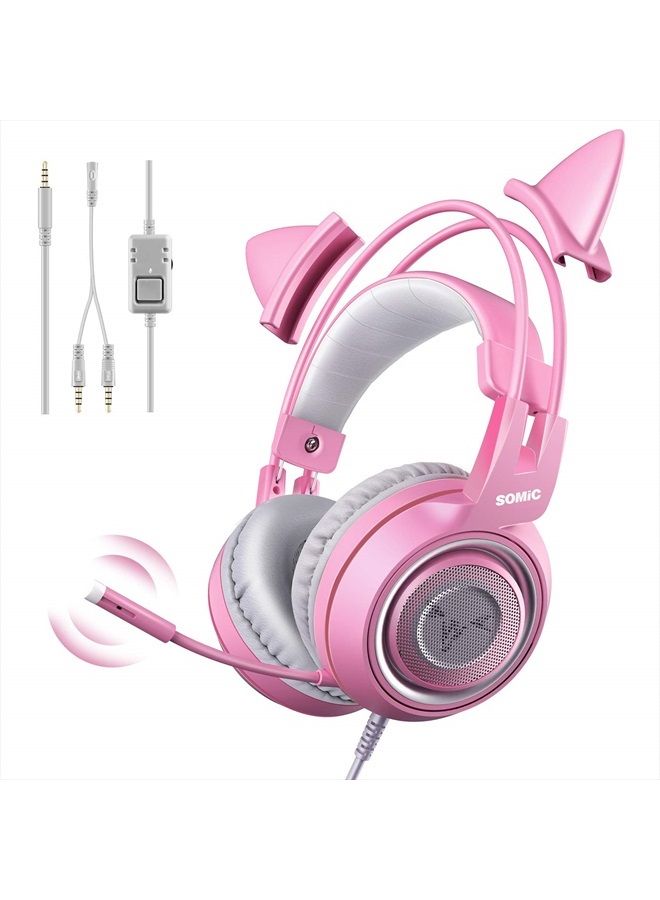 G951s Pink Stereo Gaming Headset with Mic for PS4,Xbox,PC,Mobile Phone,3.5mm Noise Reduction Cat Ear Headphones Lightweight Over Ear Headphones