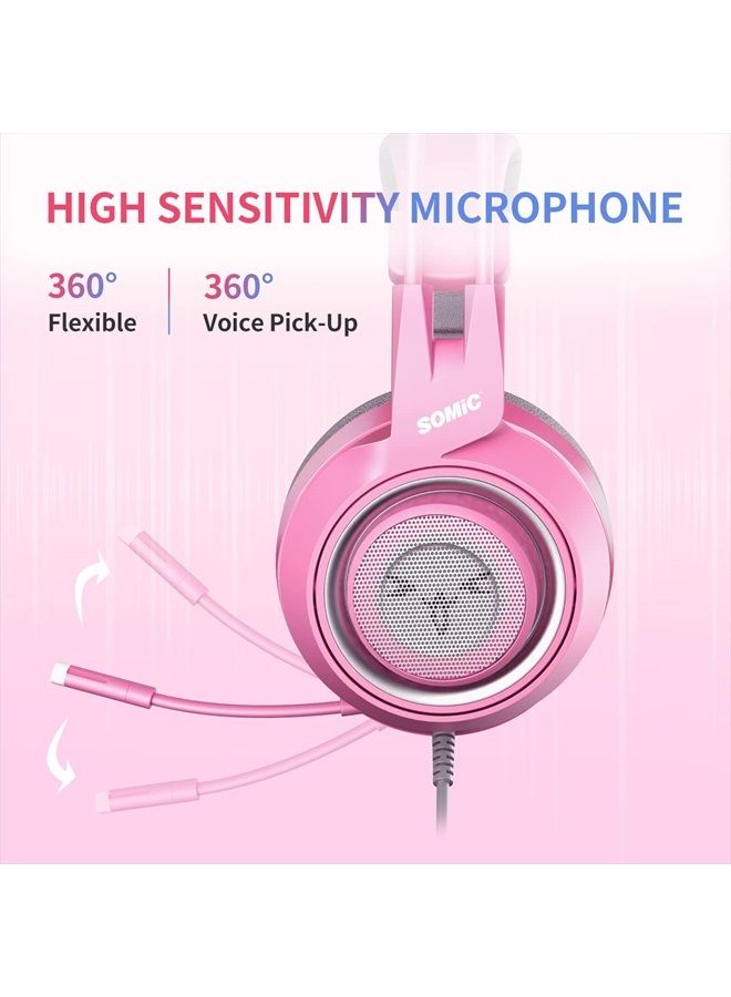 G951s Pink Stereo Gaming Headset with Mic for PS4,Xbox,PC,Mobile Phone,3.5mm Noise Reduction Cat Ear Headphones Lightweight Over Ear Headphones