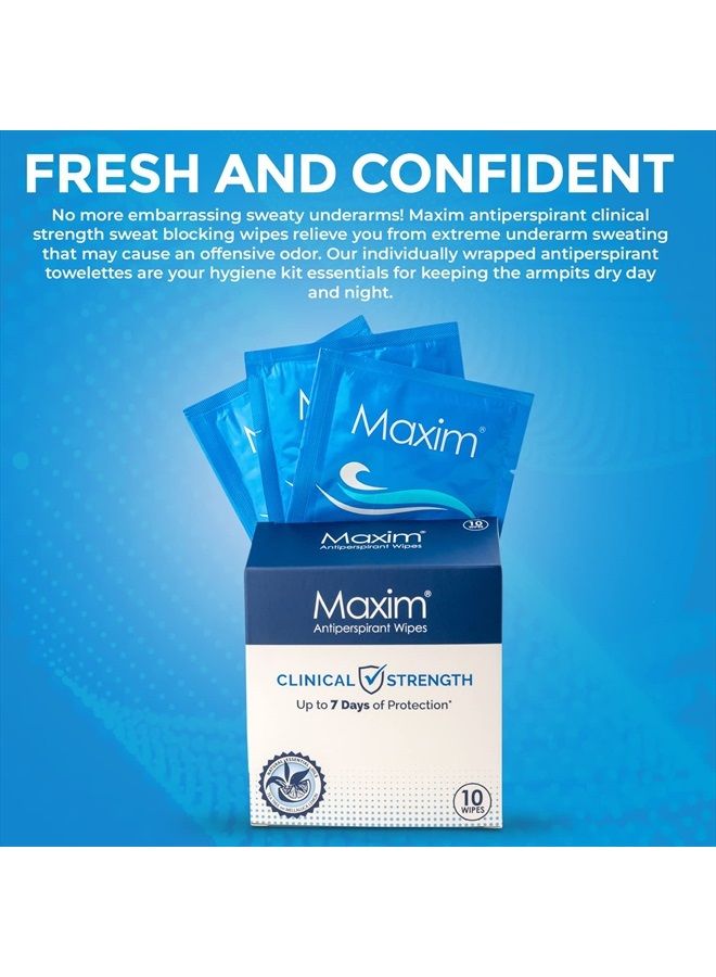 Maxim® Clinical Strength Antiperspirant Wipes for hyperhidrosis Excessive Sweating – Reduces Sweat – Antiperspirant for Men and Women Certain to Keep you Dri. 10 wipes
