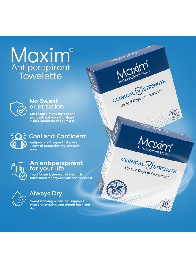 Maxim® Clinical Strength Antiperspirant Wipes for hyperhidrosis Excessive Sweating – Reduces Sweat – Antiperspirant for Men and Women Certain to Keep you Dri. 10 wipes