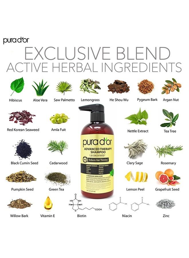 Advanced Therapy Shampoo (16oz) Reduces Hair Thinning & Increases Volume, No Sulfate, Biotin Shampoo Infused with Argan Oil, Aloe Vera for All Hair Types, Men & Women (Packaging May Vary)