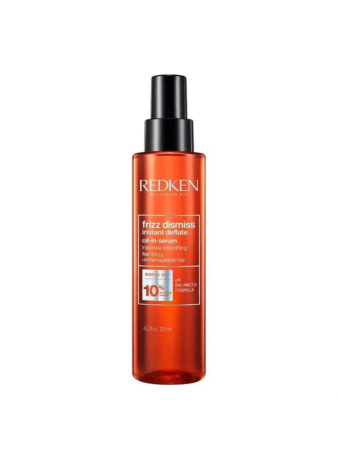 Redken Frizz Dismiss Instant Deflate Oil-In-Serum | For Frizzy Hair | Enhances Smoothness & Shine | With Babassu Oil | Sulfate Free | Packaging May Vary, 4.2 Fl Oz