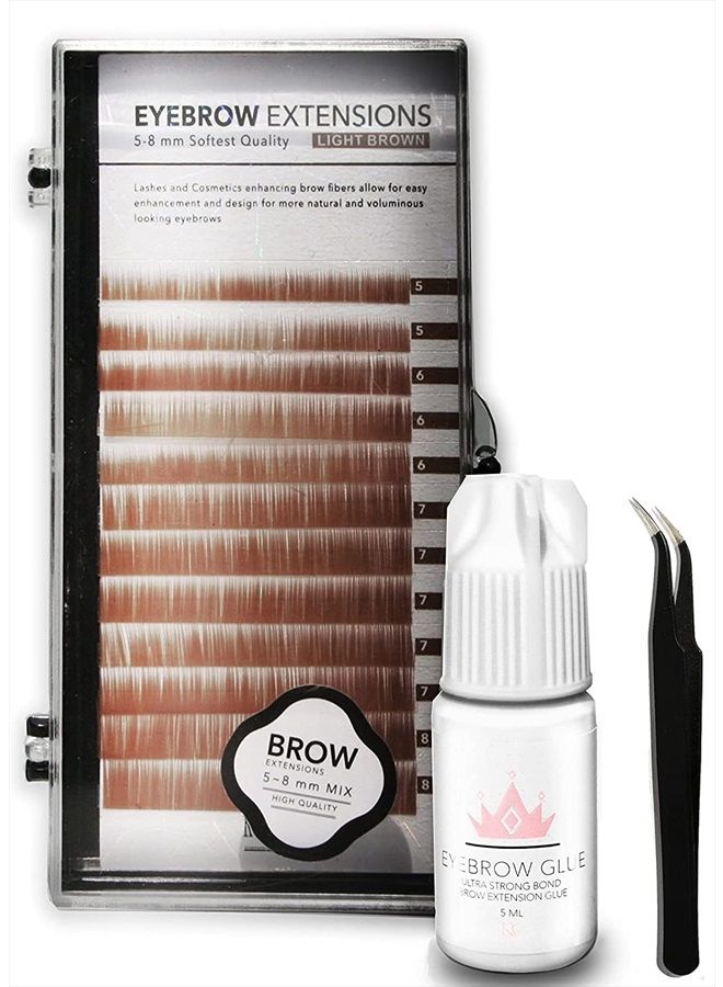 Eyebrow Extensions Kit with 1 x Trays of Mink Eyebrows in Light Brown Comes on Mixed Length Trays 5-8 Mm Mix, Eyebrow Extension Glue Clear & Extension Tweezers (Light Brown, Black Tweezer)