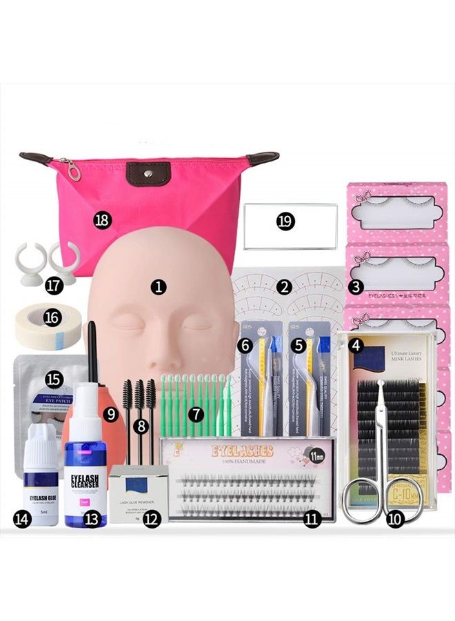 Eyelashes Extension Kit, EBANKU 19PCS Lashes Extension Practice Exercise Set, Mannequin Training Makeup False Eyelashes Extension Glue Tool With Bag For Makeup Practice Eye Lashes Graft