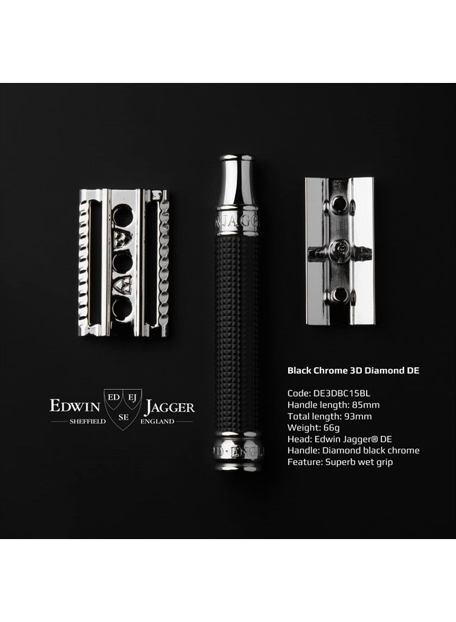 Double Edge Safety Razor, Regular Handle, Black Chrome Laser 3D Diamond
