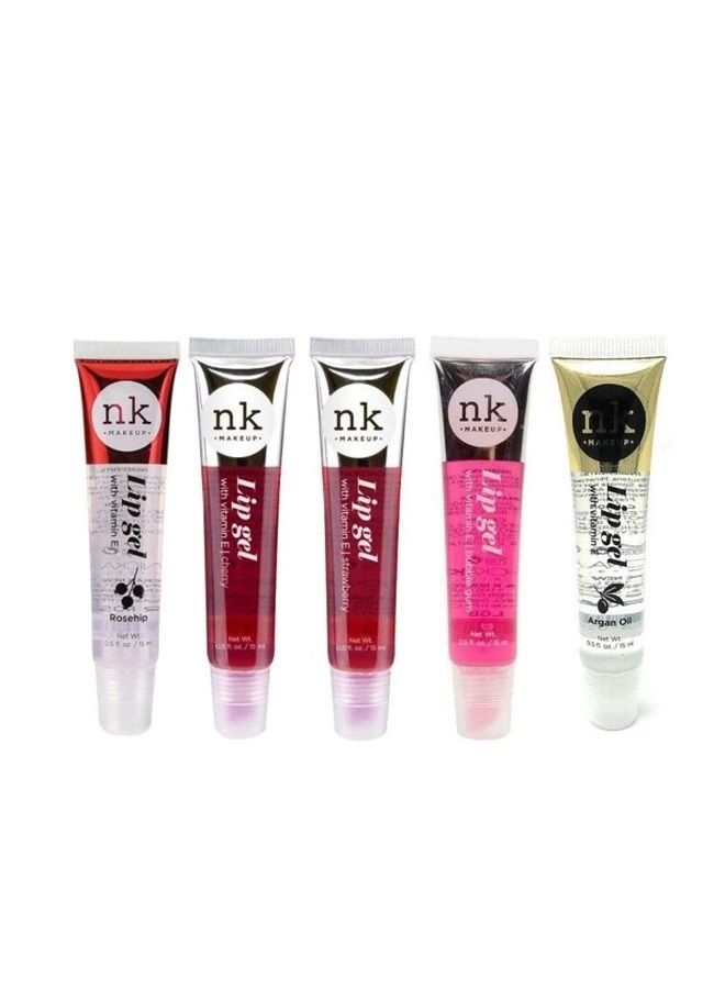 5 PACK NK Lip Gel with Vitamin E Bubble Gum, Argan, Strawberry, Cherry and Rosehip Lip Gloss