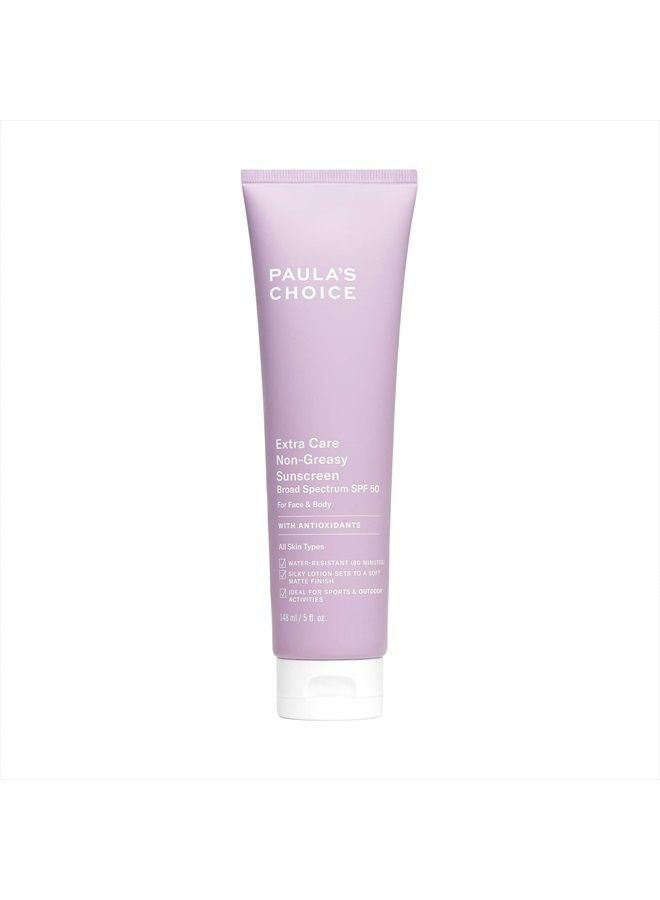Extra Care Non Greasy, Oil Free Face & Body Sunscreen SPF 50, UVA & UVB Protection, Water & Sweat Resistant, 5 Ounce