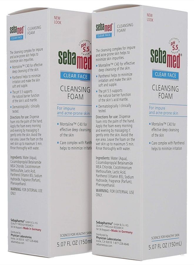 Sebamed Clear Face Cleansing Foam Gentle Face Wash for Impure Oily and Acne-prone Skin 5.07 Fluid Ounces (Pack of 2)