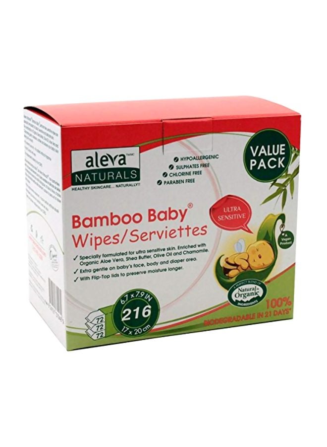Bamboo Baby Wipes Value Box 3 Packs x 72 Wipes, 216 Count