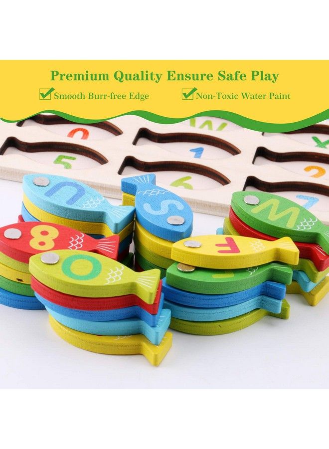 Magnetic Wooden Fishing Game Toy For Toddlers Alphabet Abc Fish Catching Counting Learning Education Math Preschool Board Games Toys Gifts For 3 4 5 Years Old Girl Boy Kids