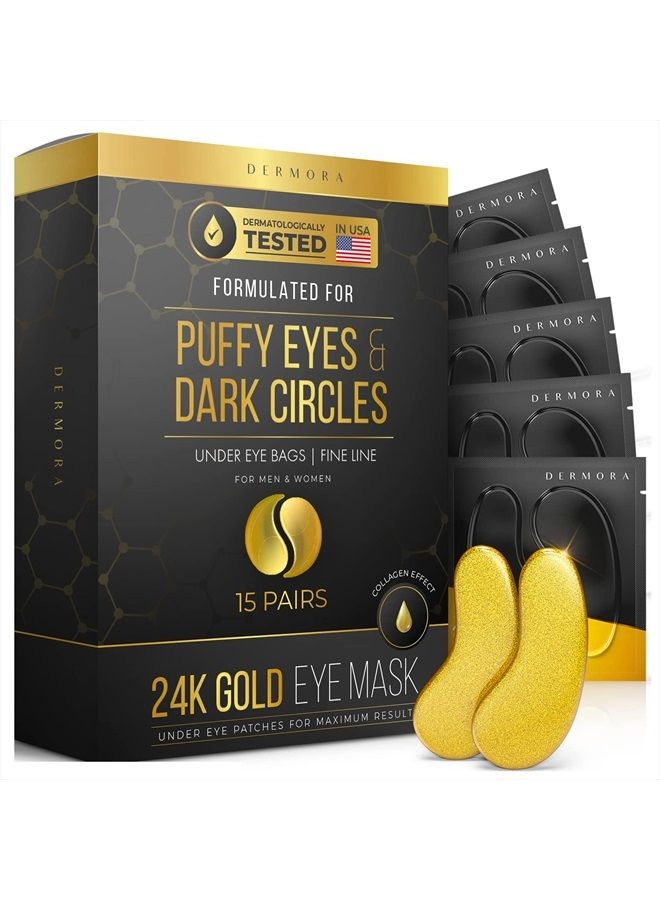 Dermora 24K Gold Eye Mask Puffy Eyes and Dark Circles Treatments Look Less Tired and Refresh Your Skin, 15 Pairs