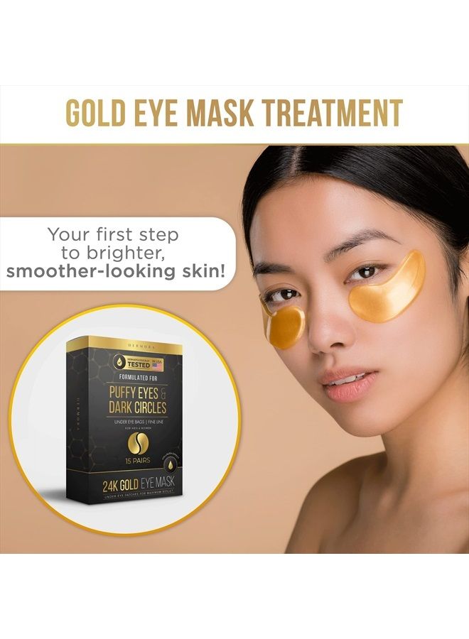 Dermora 24K Gold Eye Mask Puffy Eyes and Dark Circles Treatments Look Less Tired and Refresh Your Skin, 15 Pairs