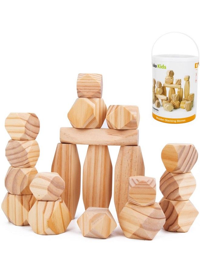 Building Blocks For Toddlers 13 ; Natural Wood 30 Pcs Large ; Montessori Toys Wooden Block Toddlers Sensory Preschool Girls Boys Balancing Stones & Stacking Rocks W/Storage Container