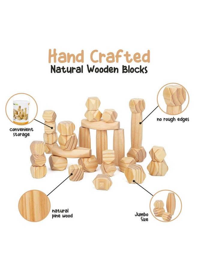 Building Blocks For Toddlers 13 ; Natural Wood 30 Pcs Large ; Montessori Toys Wooden Block Toddlers Sensory Preschool Girls Boys Balancing Stones & Stacking Rocks W/Storage Container