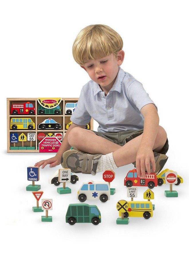 Wooden 6Vehicle And 9Traffic Signs Play Set & 1 Scratch Art Minipad Bundle (03177)