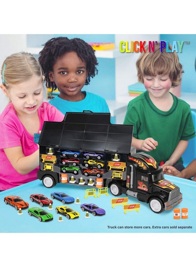 Click N’ Play Truck Transport Carrier Toy For Boys And Girls, 15 Piece Hauler Truck With Cars, Road Signs, & More, Includes 28 Car Slots Great Gift For Toddlers & Kids Age 3+, Black