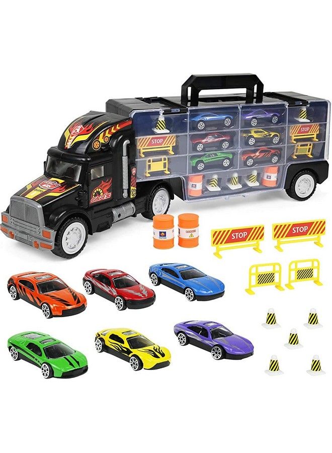 Click N’ Play Truck Transport Carrier Toy For Boys And Girls, 15 Piece Hauler Truck With Cars, Road Signs, & More, Includes 28 Car Slots Great Gift For Toddlers & Kids Age 3+, Black