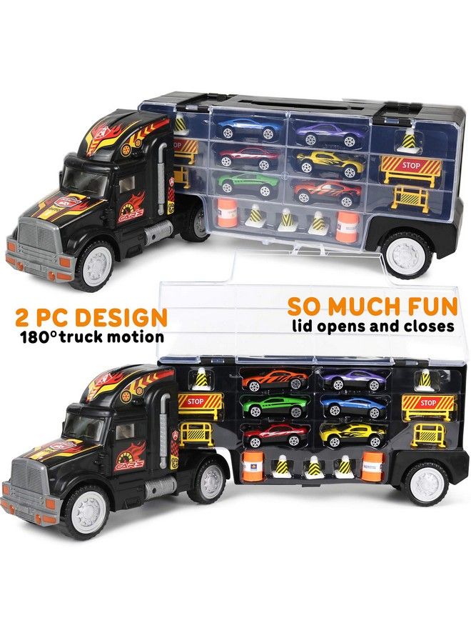Click N’ Play Truck Transport Carrier Toy For Boys And Girls, 15 Piece Hauler Truck With Cars, Road Signs, & More, Includes 28 Car Slots Great Gift For Toddlers & Kids Age 3+, Black