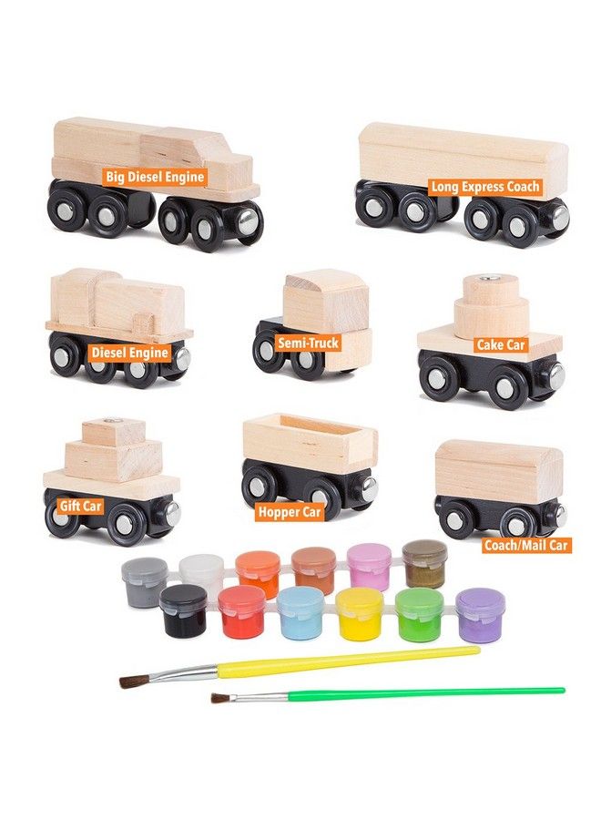 8 Unpainted Train Cars With 12 Colors Paint And Paint Brushes Set For Wooden Railway Compatible With Thomas, Chuggington, Brio, Great For Birthday Party Train Theme