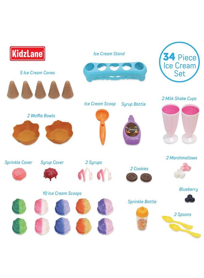 Ice Cream Play Set ; 34 Piece Ice Cream Toy Set With Color Changing Scoops & Toppings ; Pretend Play Food Toy For Kids And Toddlers Ages 3 Plus