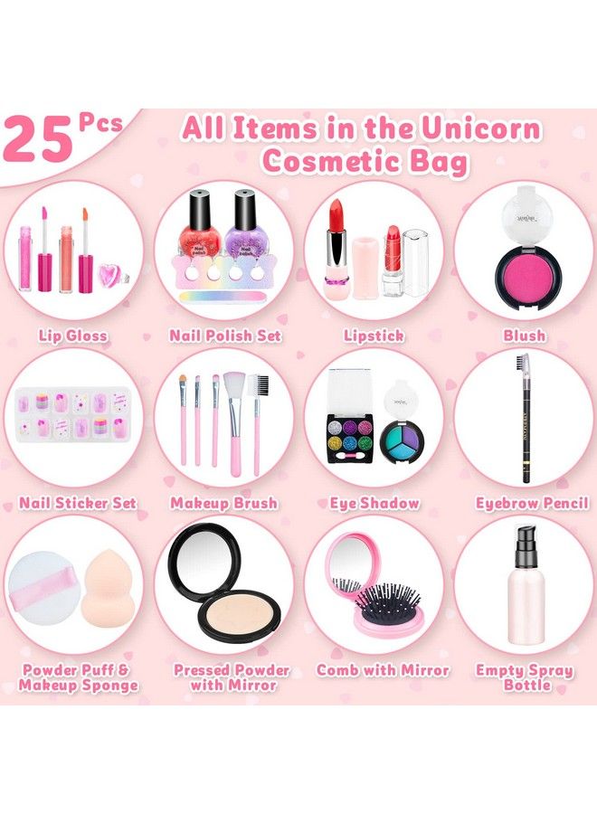 25 Pcs Kids Makeup Kit For Girl, Washable Real Make Up Play Set With Unicorn Cosmetic Bag, Pretend Beauty Set Princess Dress Up Girls Toys For 3 4 5 6 7 8 9 10+ Kids Birthday