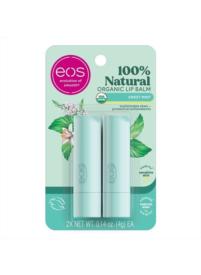 100% Natural & Organic Lip Balm Sticks- Sweet Mint, All-Day Moisture, Dermatologist Recommended for Sensitive Skin, 0.14 oz, 2-Pack