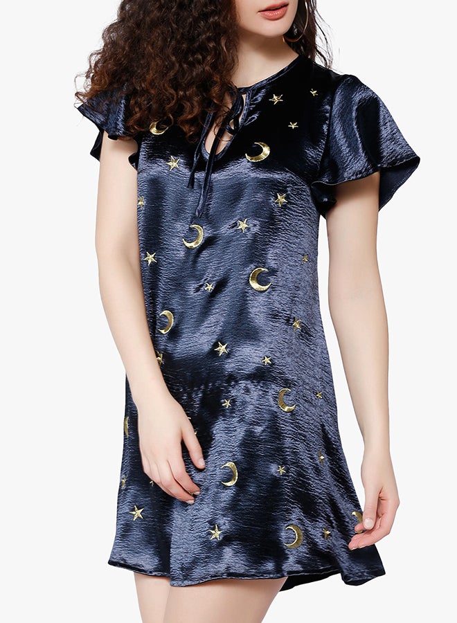 Moon And Star Short Sleeve Embroidered Dress Navy