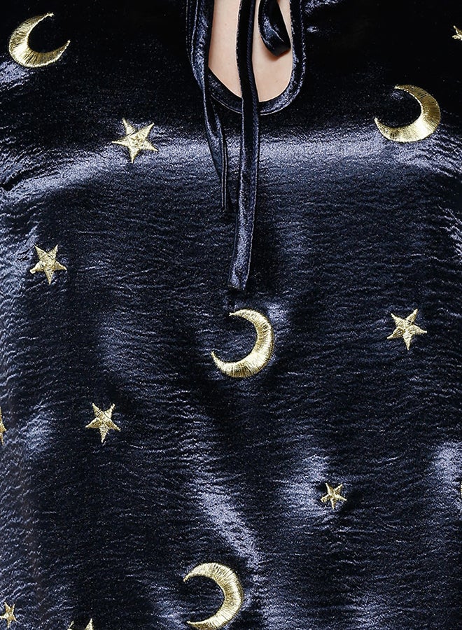 Moon And Star Short Sleeve Embroidered Dress Navy